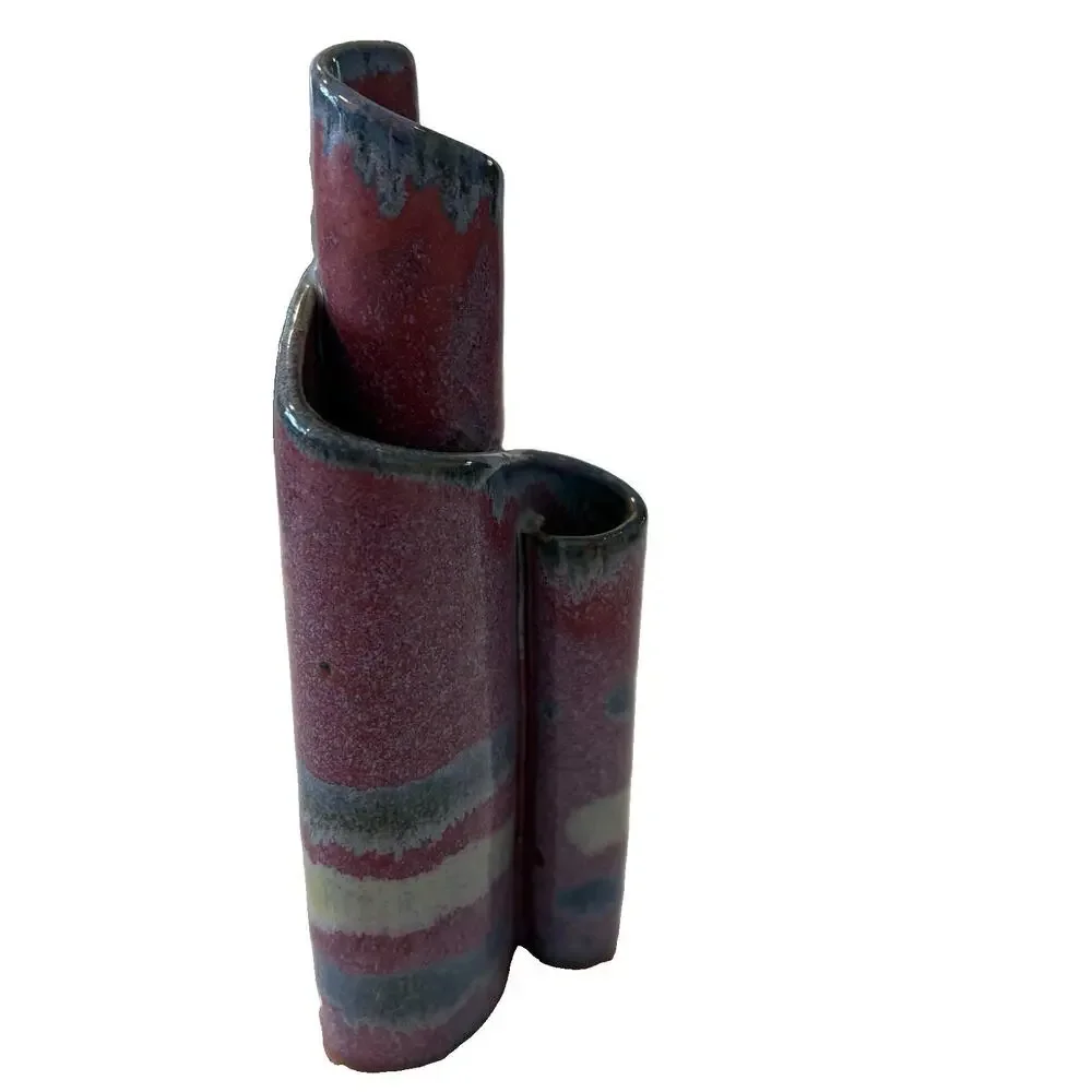 Vintage 1988 Bay Pottery Ribbon Vase 3-Chamber 7” Studio Art Purple Blue Glaze